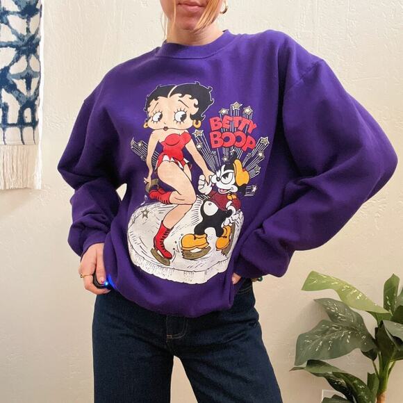 Vintage 1990s Betty Boop Felix the Cat Ice Skating Blue Sweatshirt Jerzees USA - Picture 1 of 9